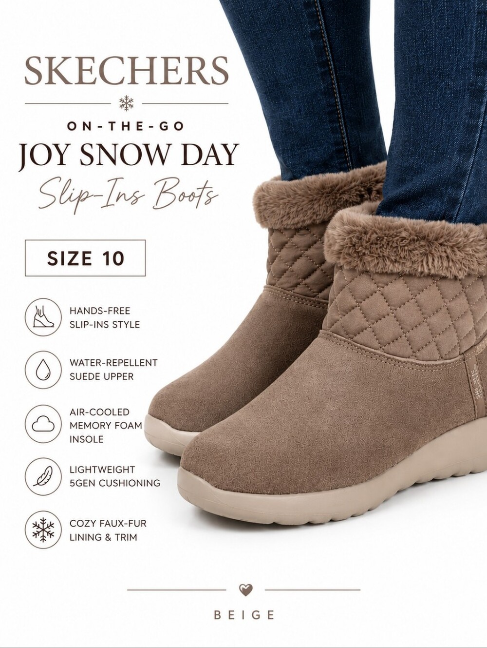 Skechers On-the-Go Joy Snow Day Slip-Ins Boots – Taupe | Size 10 | NWT